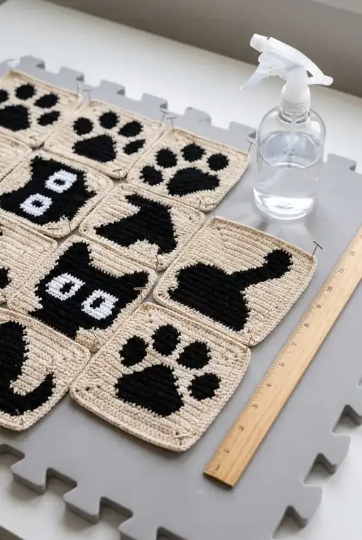 Crochet gauge swatch for a cat granny square tote bag with ruler, hook and cream yarn