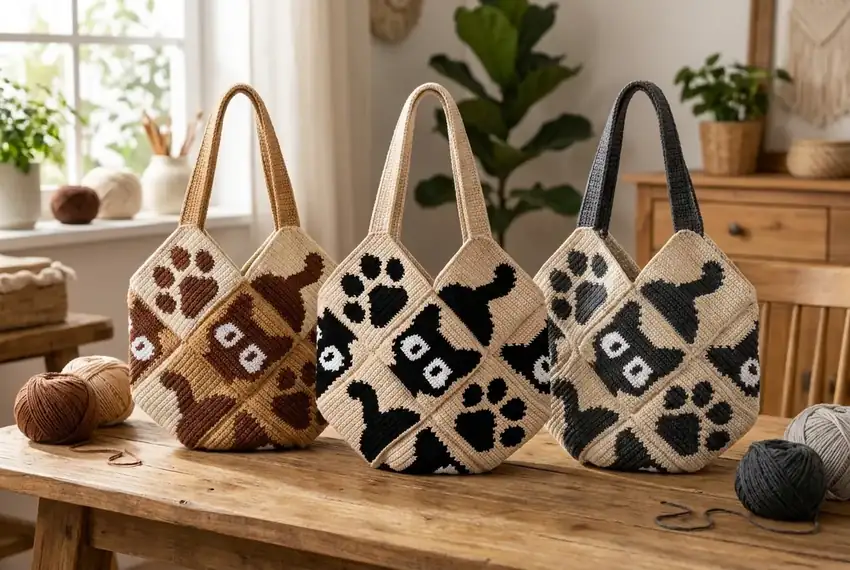 Cat granny square tote bag pattern PDF on a tablet with yarn, hooks and stitch markers