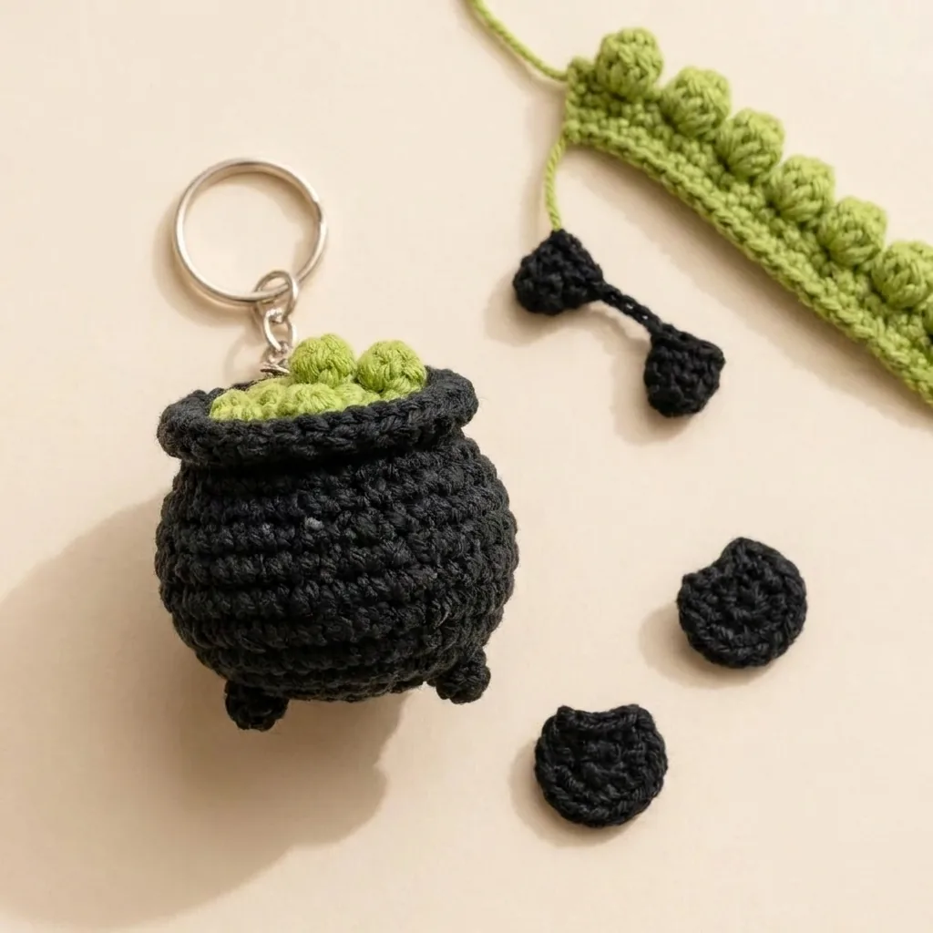 Black cauldron crochet keychain pattern with pot feet rim and green bobble bubbles