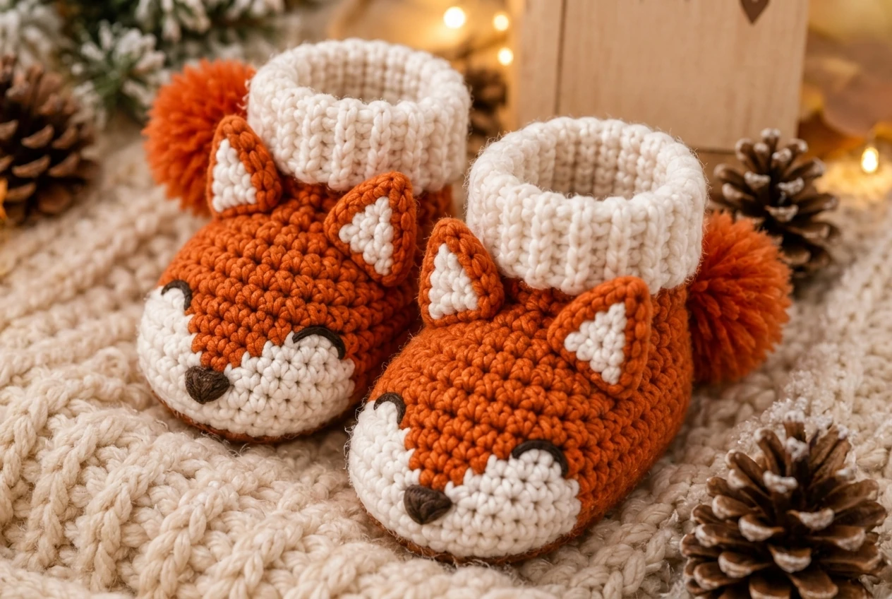 crochet fox baby booties matching the supplied pattern