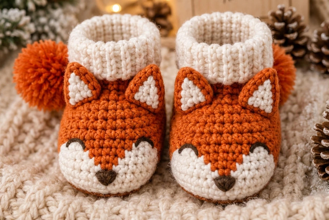 front view of crochet fox baby booties with matching faces