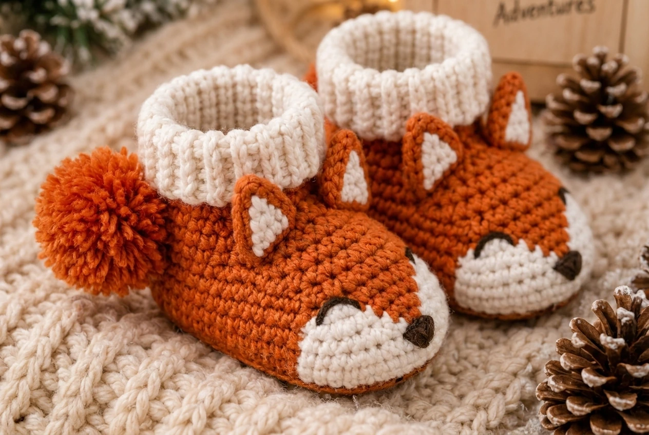 side view of the same crochet fox baby booties pattern