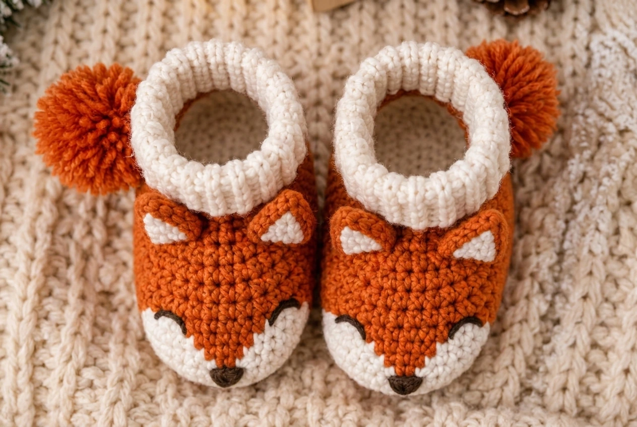 top view of consistent crochet fox baby booties