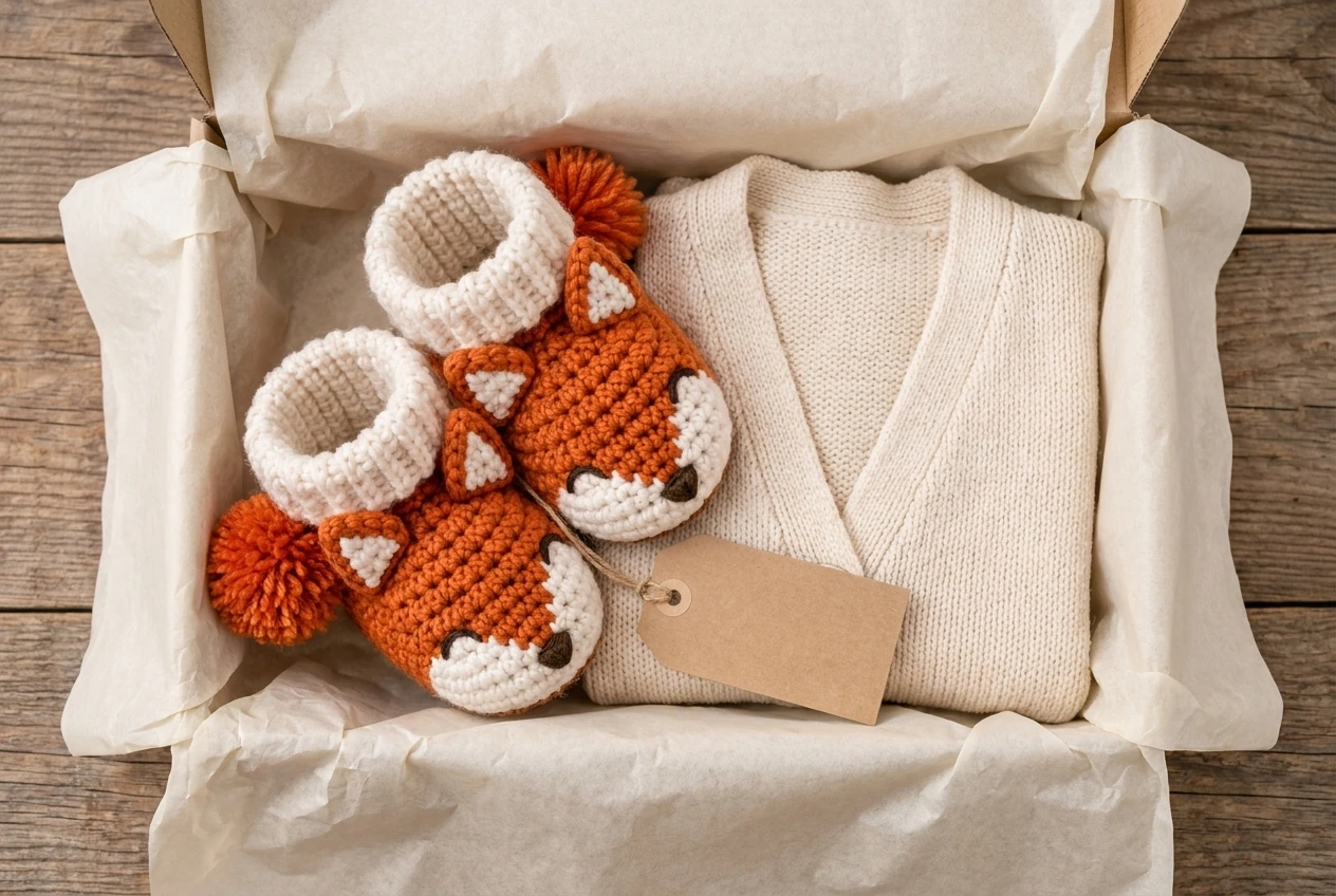 crochet fox baby booties gift box presentation