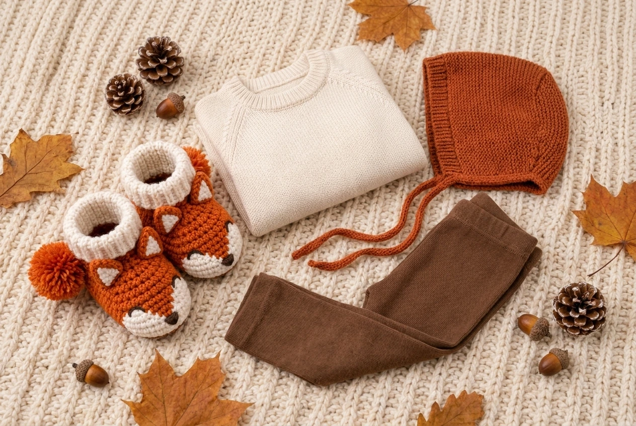 autumn outfit with consistent crochet fox baby booties