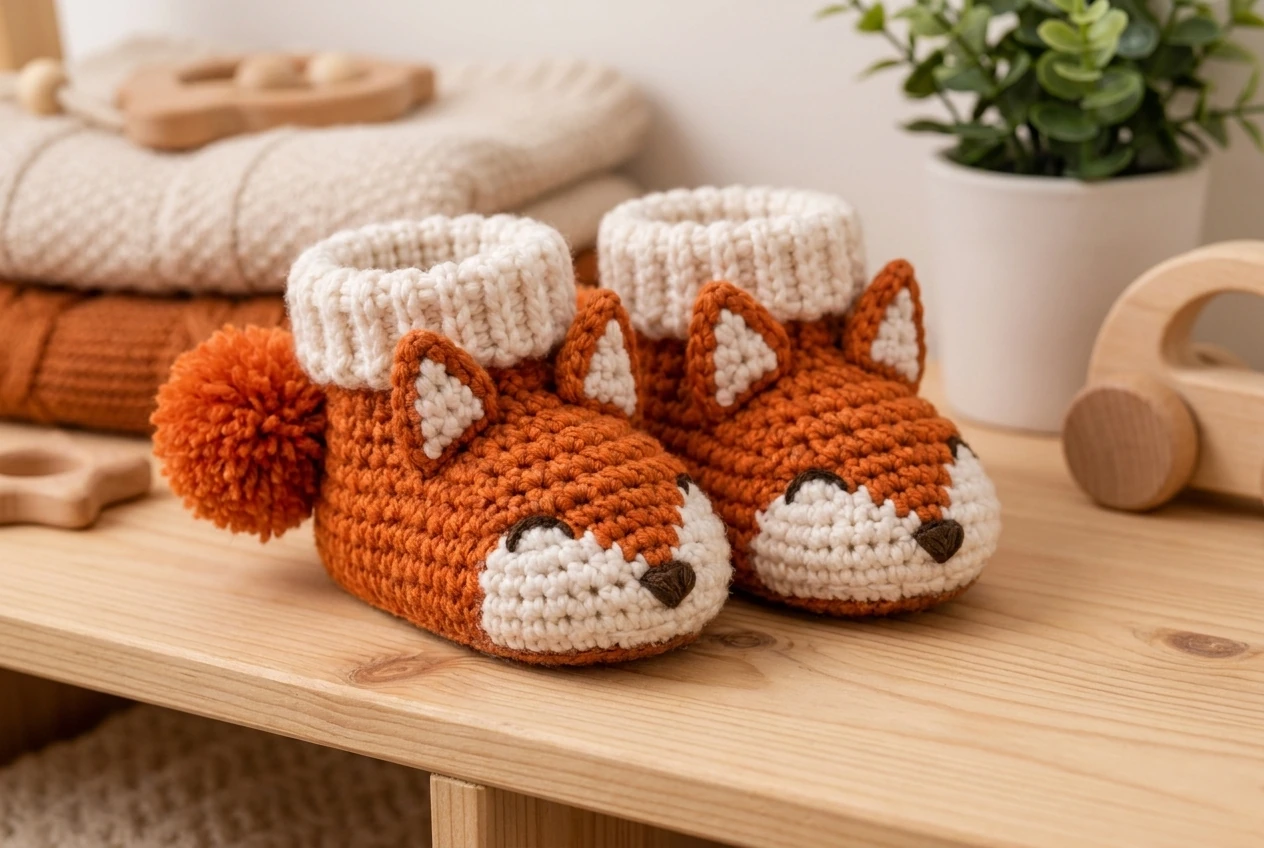 consistent fox baby booties in a woodland nursery