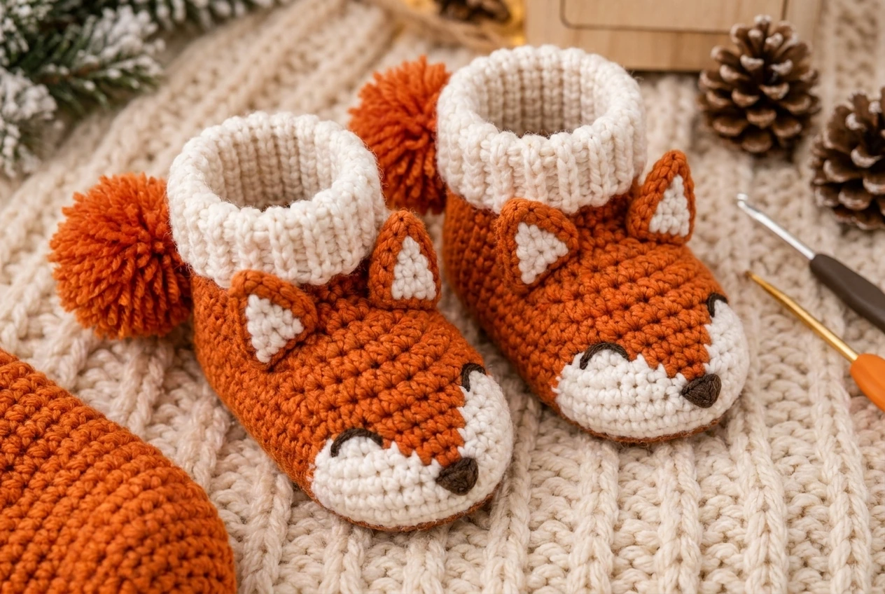 assembly of the exact fox baby booties crochet pattern
