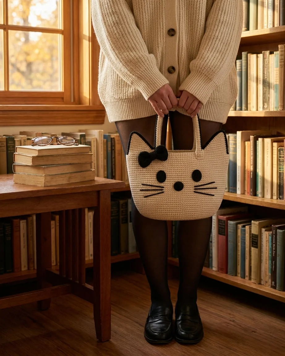 The Cozy Library Afternoon featuring the cream and black crochet cat-face bow bag