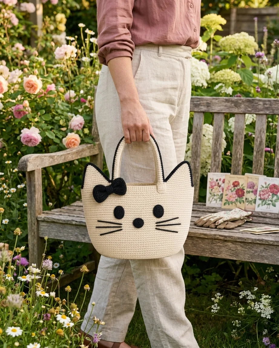 The Garden Stroll featuring the cream and black crochet cat-face bow bag