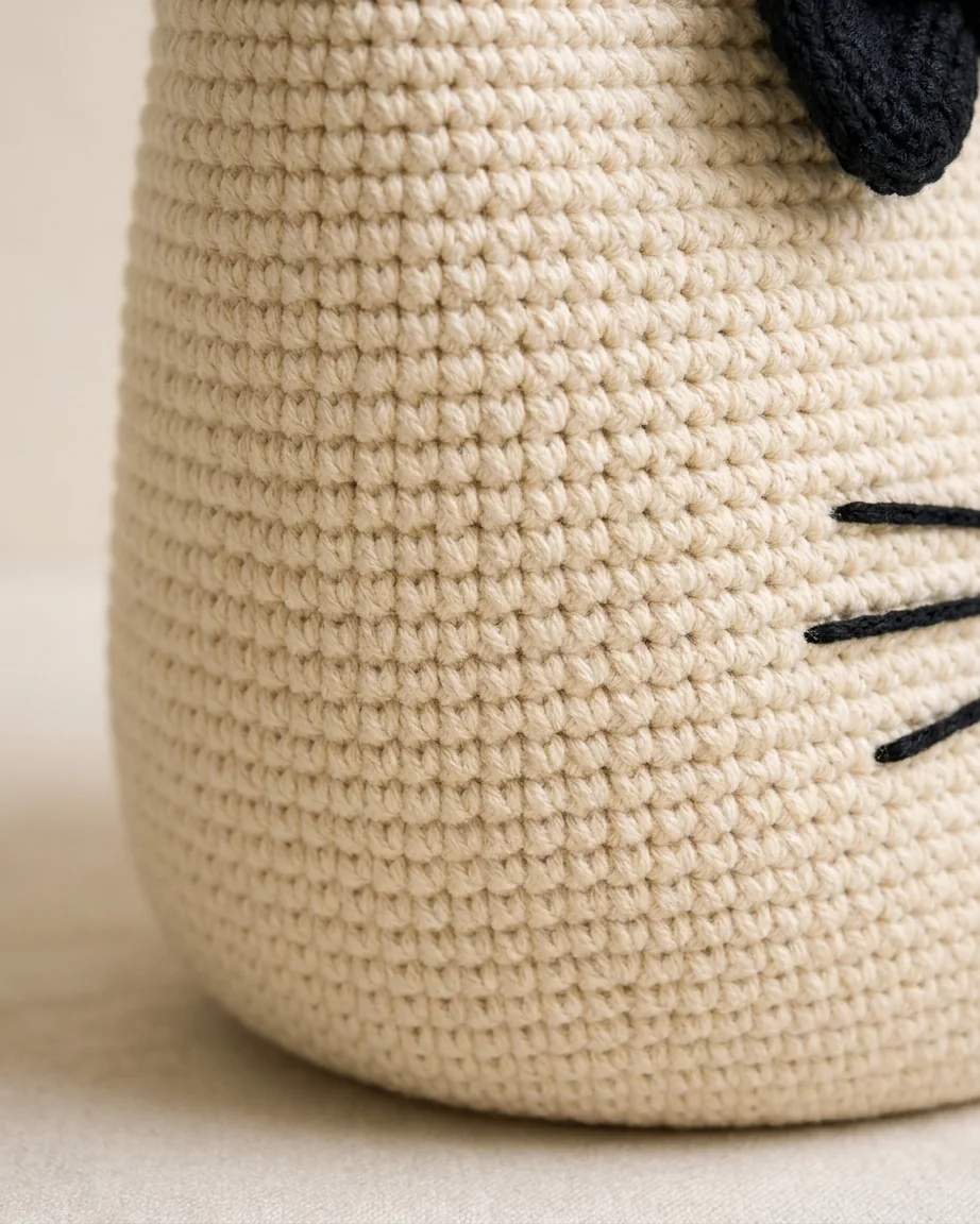Consistent Stitch Tension Across the Body featuring the cream and black crochet cat-face bow bag