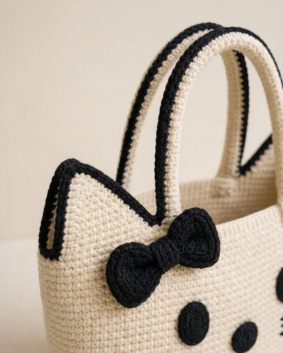Defined Black Outlining on Ears and Handles featuring the cream and black crochet cat-face bow bag