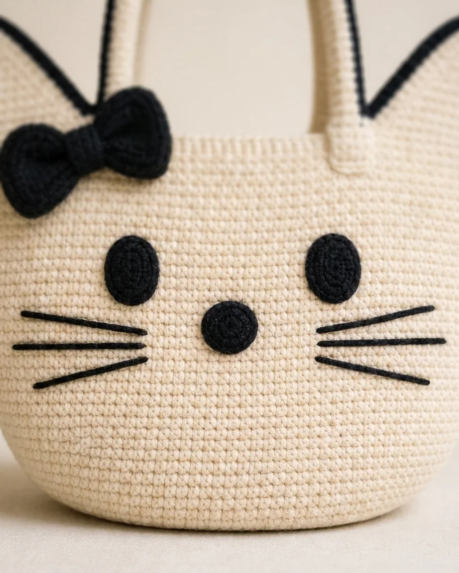 Symmetrical Facial Features featuring the cream and black crochet cat-face bow bag