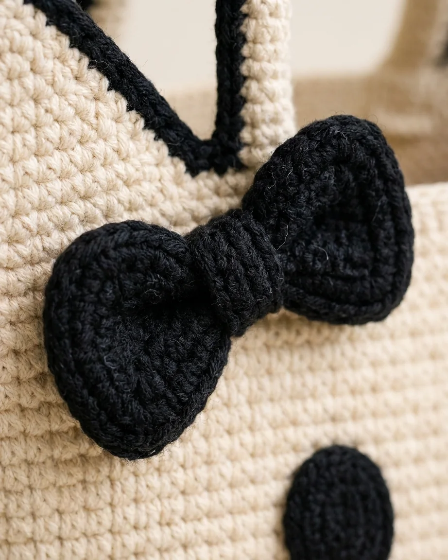 Sculpted Bow With Dimensional Shape featuring the cream and black crochet cat-face bow bag