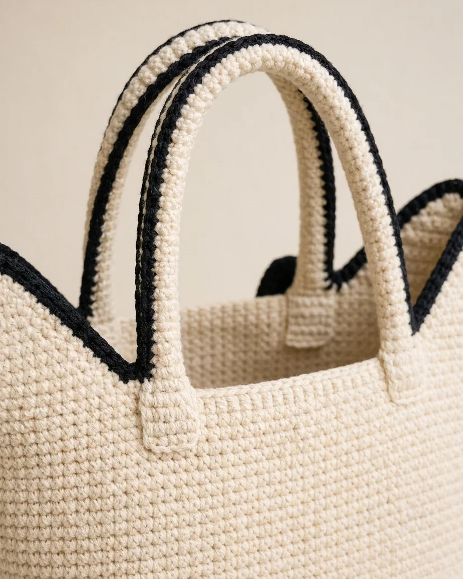 Integrated Handles With Reinforced Edging featuring the cream and black crochet cat-face bow bag