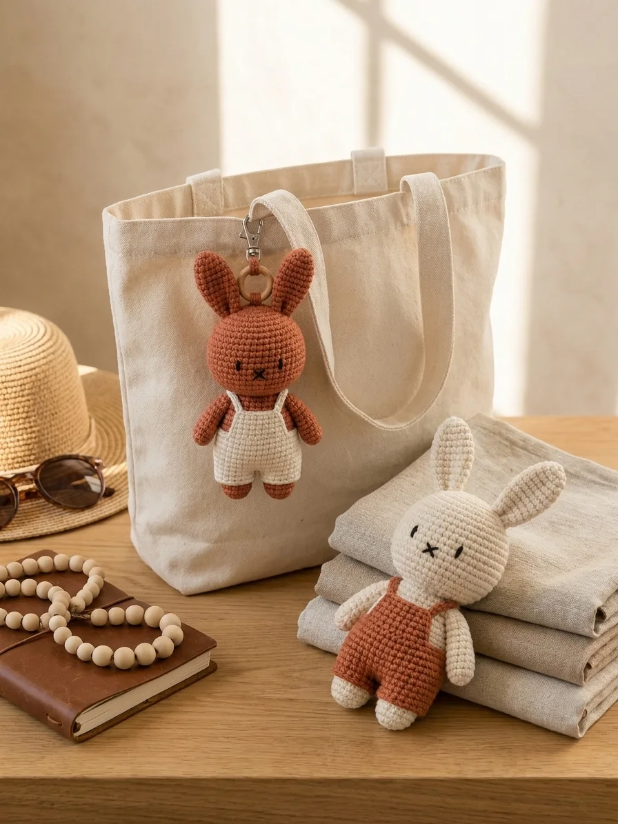 Cream Canvas + Rust Bunny with a rust and cream crochet bunny keychain