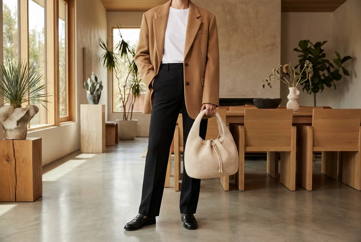 Crochet crescent bag soft workwear tailoring