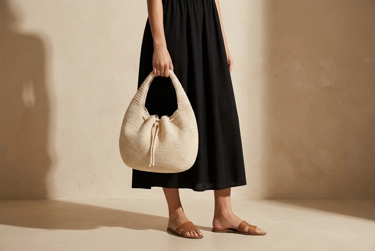 Crochet crescent bag simple midi dress