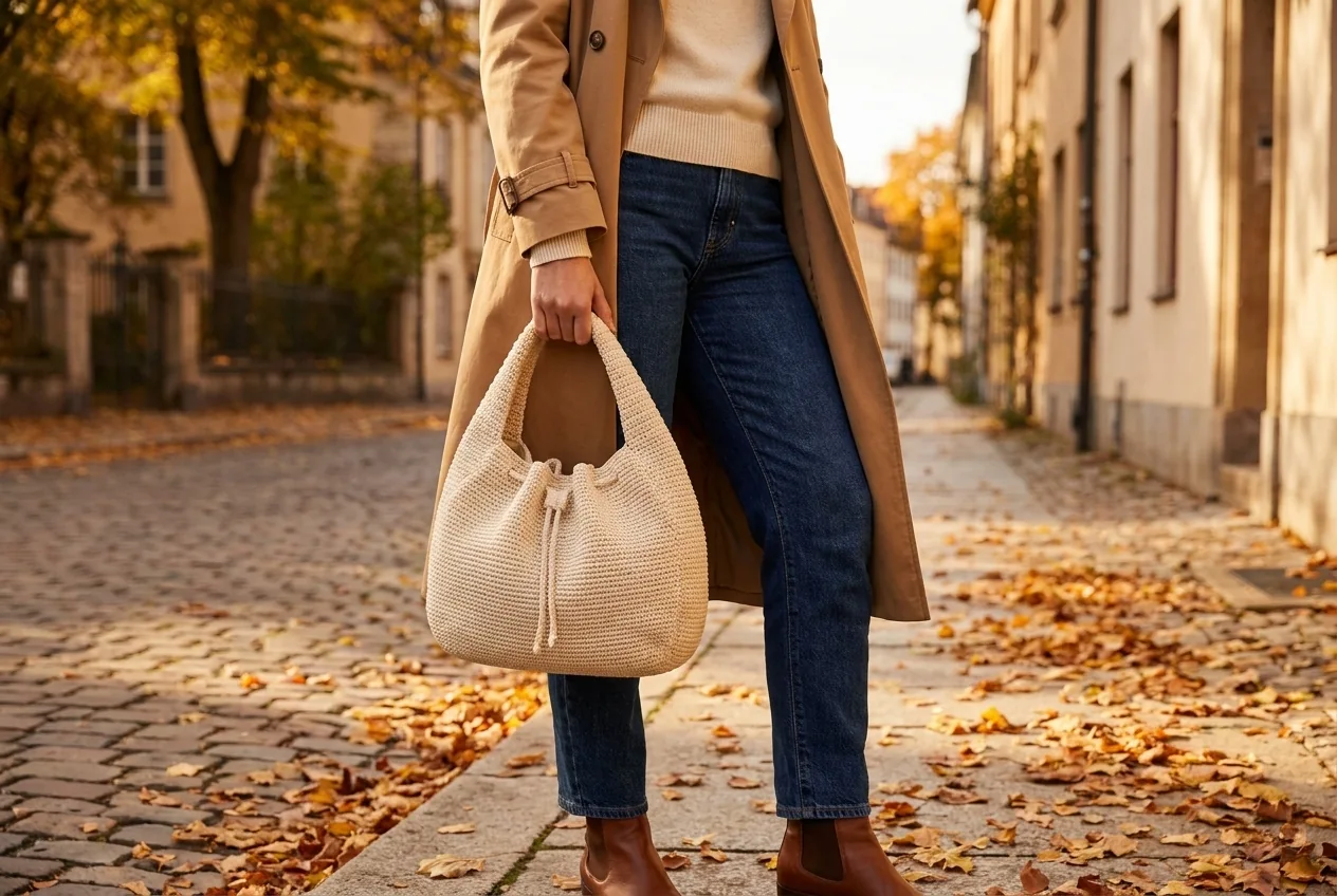 Crochet crescent bag autumn layered outfit