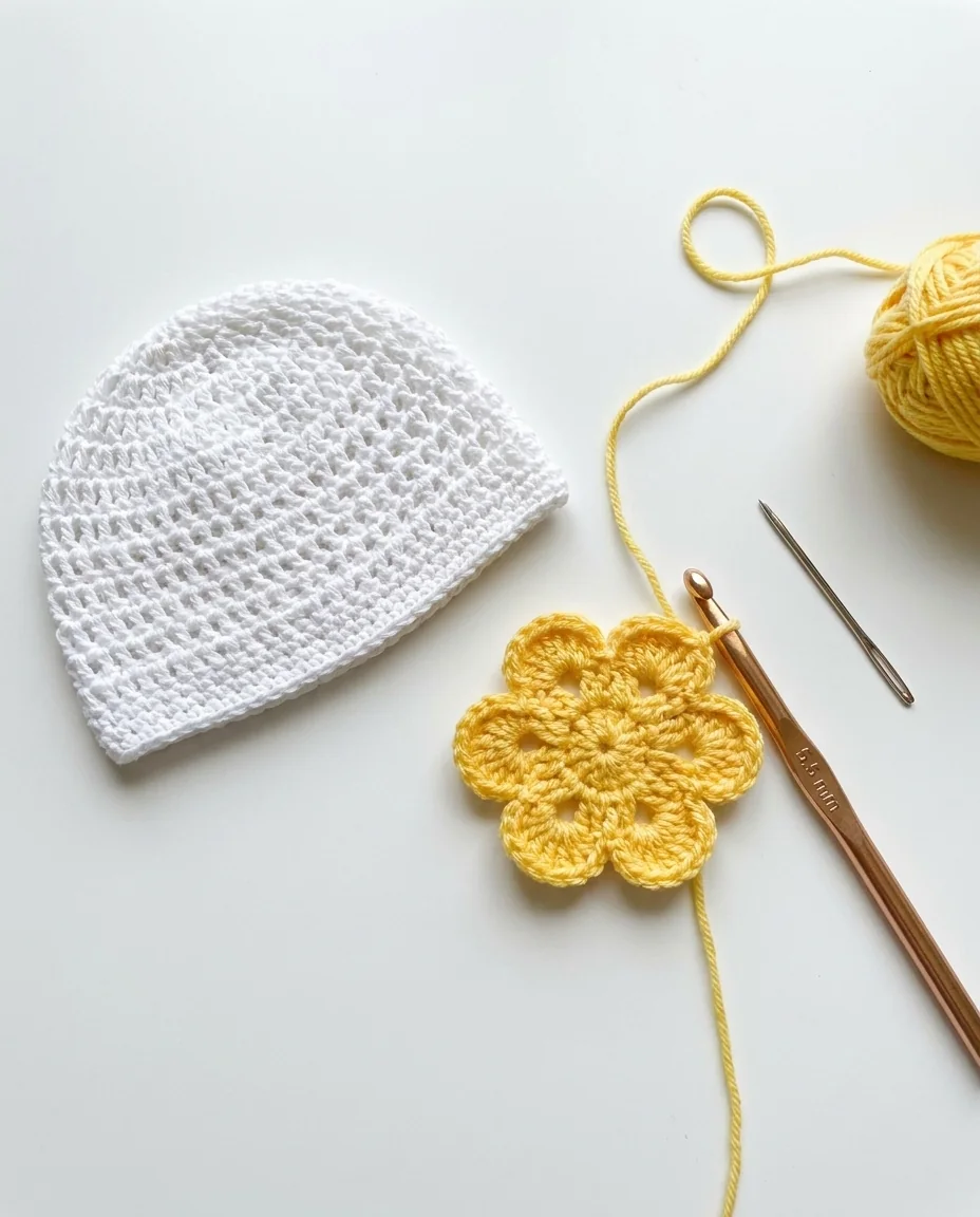 crochet flower for a baby hat in progress