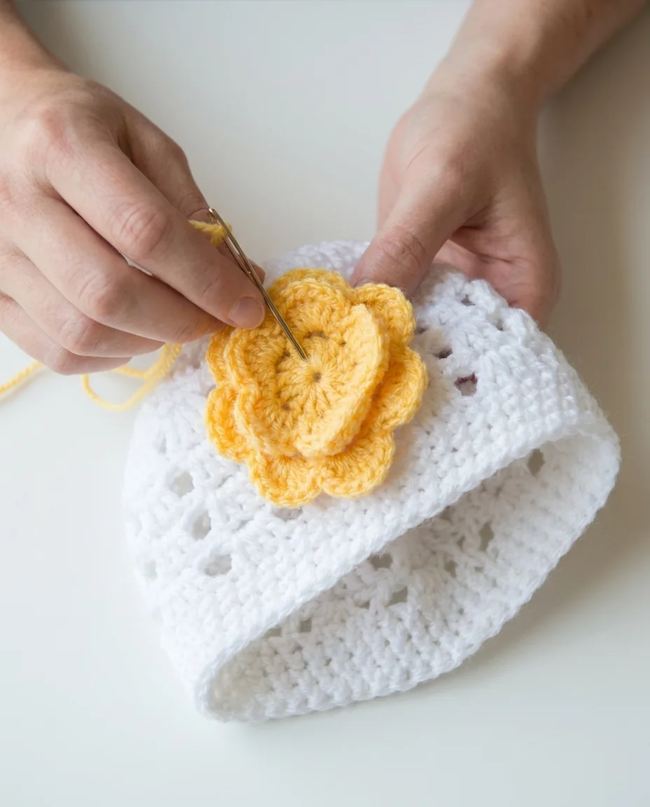 sewing a crochet flower for a baby hat