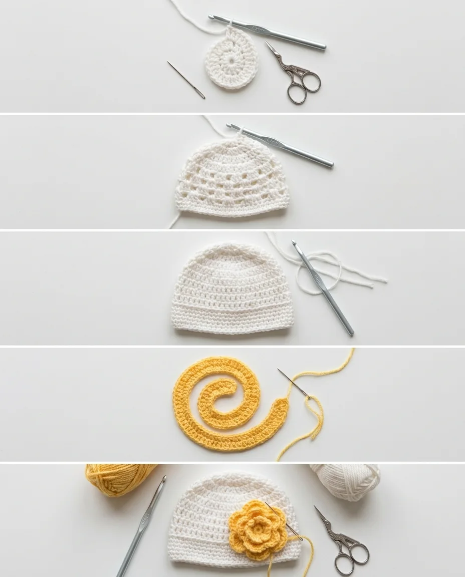 crochet baby hat step by step process from crown to flower