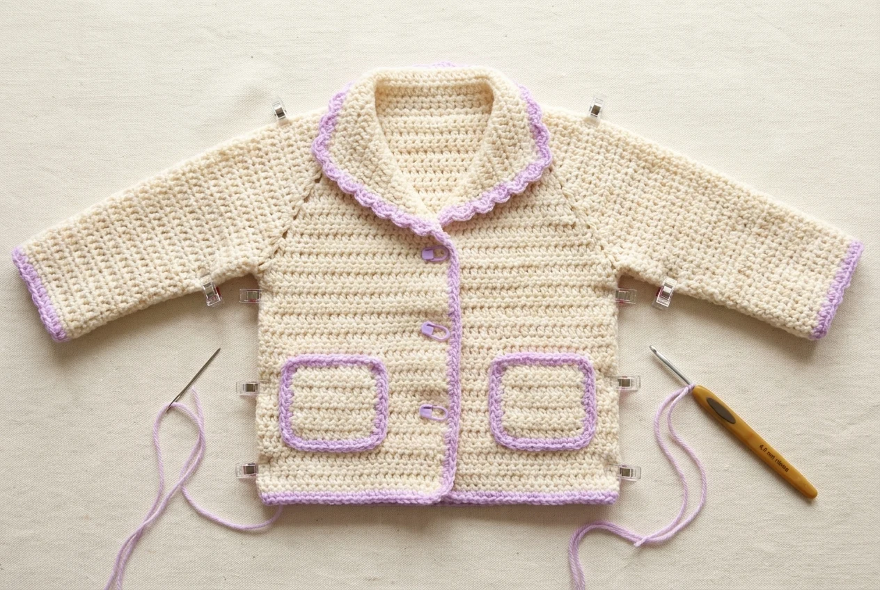 Final assembly photograph for the crochet baby jacket pattern with seams pockets button positions and contrast trim prepared