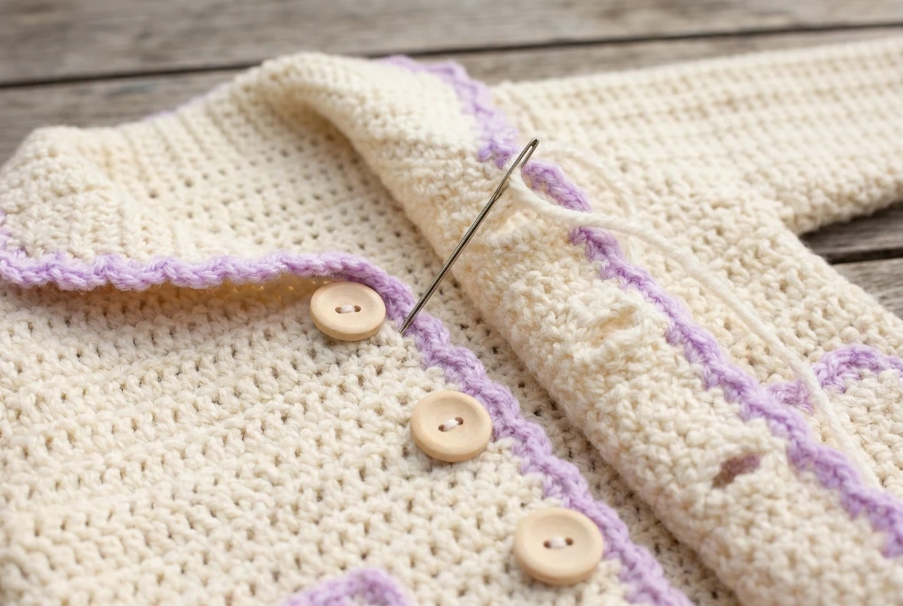 Close-up tutorial photo for the crochet baby jacket pattern showing three buttonholes three buttons and contrast front edging