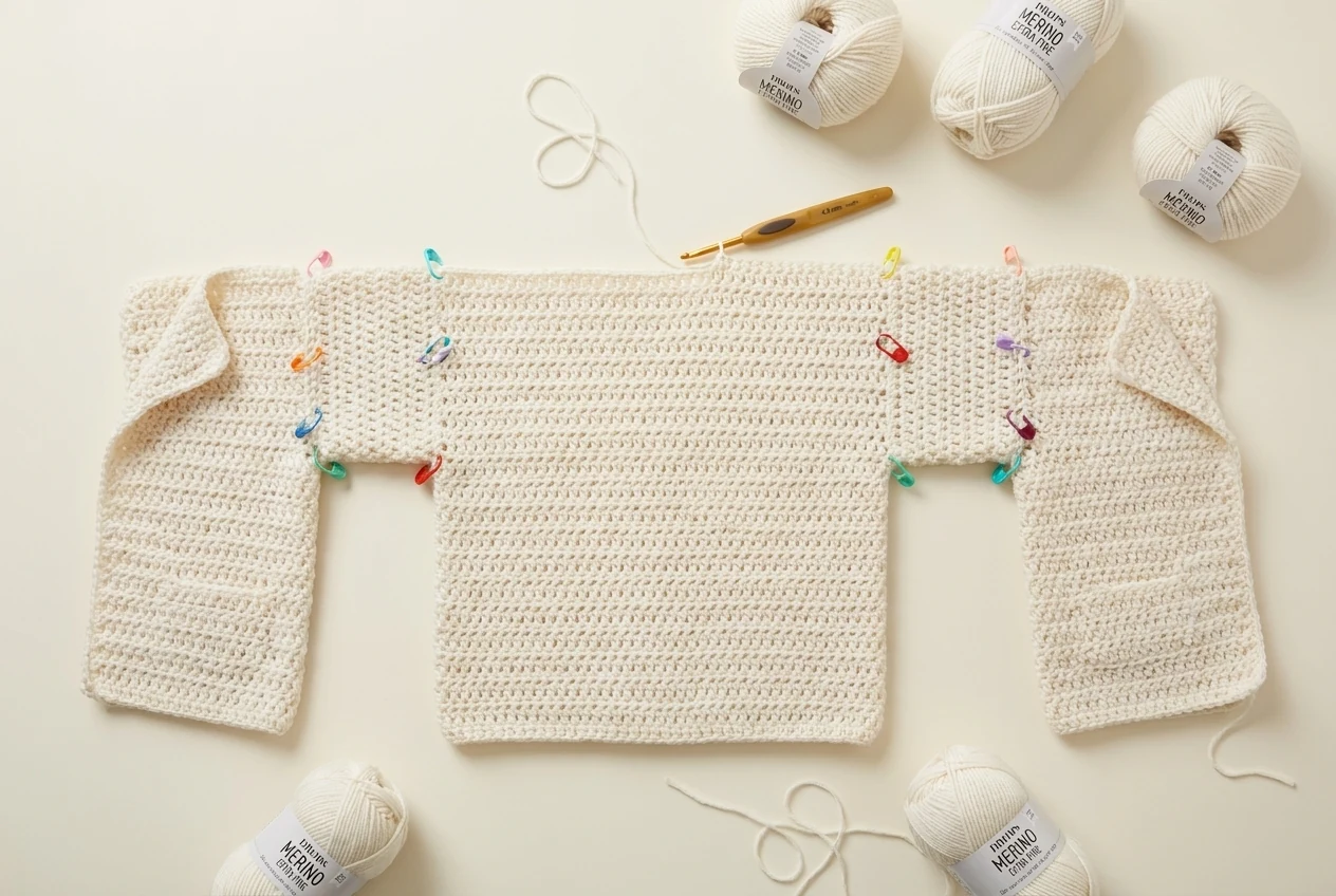 Realistic component layout for the crochet baby jacket pattern with two front sleeve pieces and the back worked between them