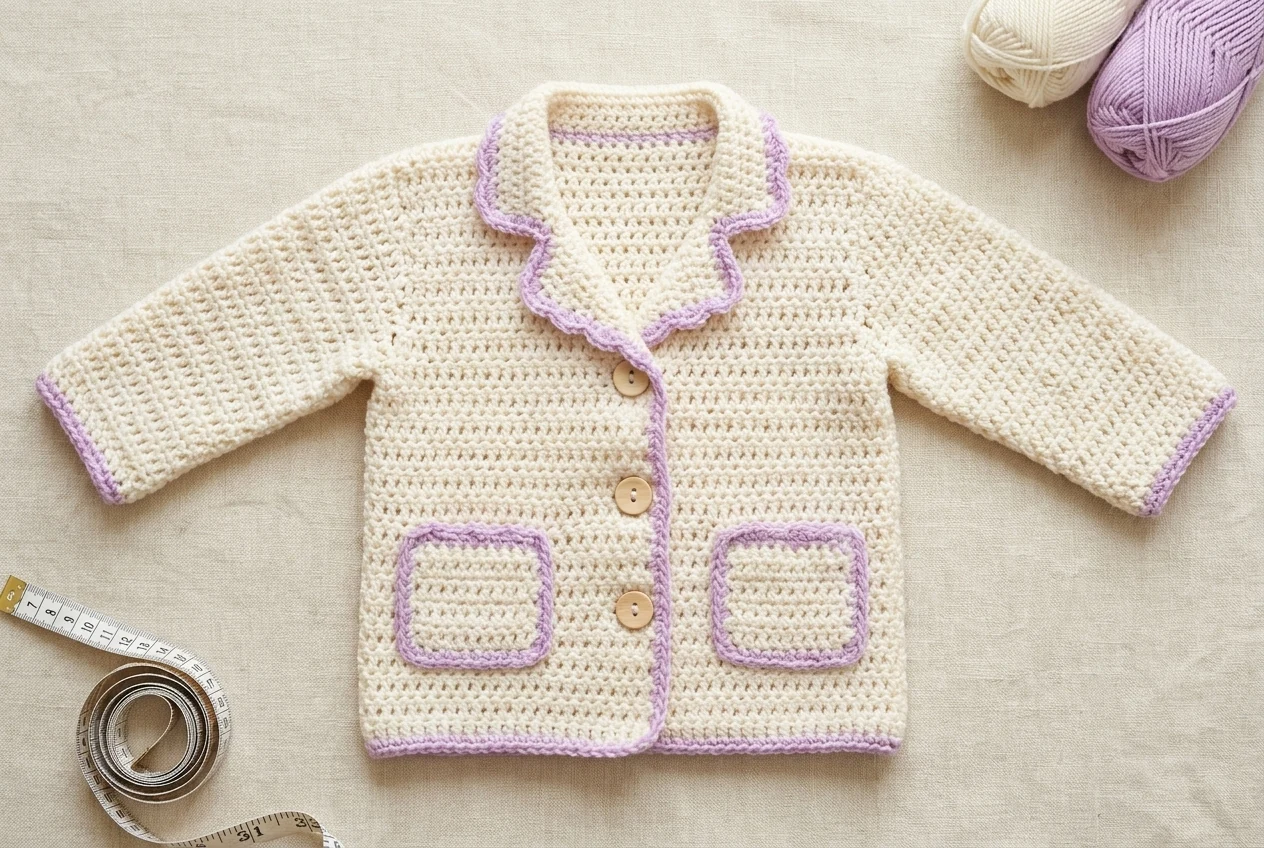 Finished crochet baby jacket pattern laid flat with integrated lapels two pockets lilac trim and three buttons