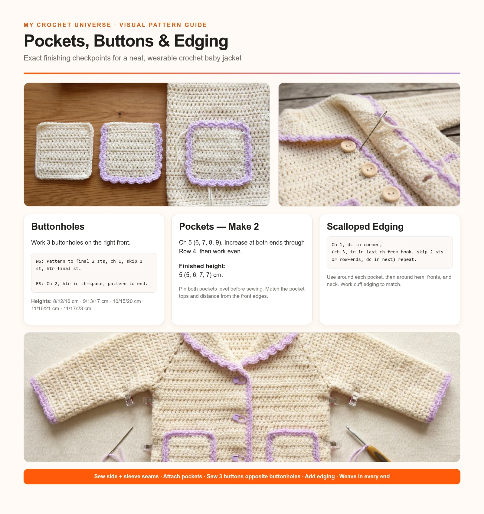 Finishing infographic for the crochet baby jacket pattern with buttonholes pockets scalloped edging and assembly order