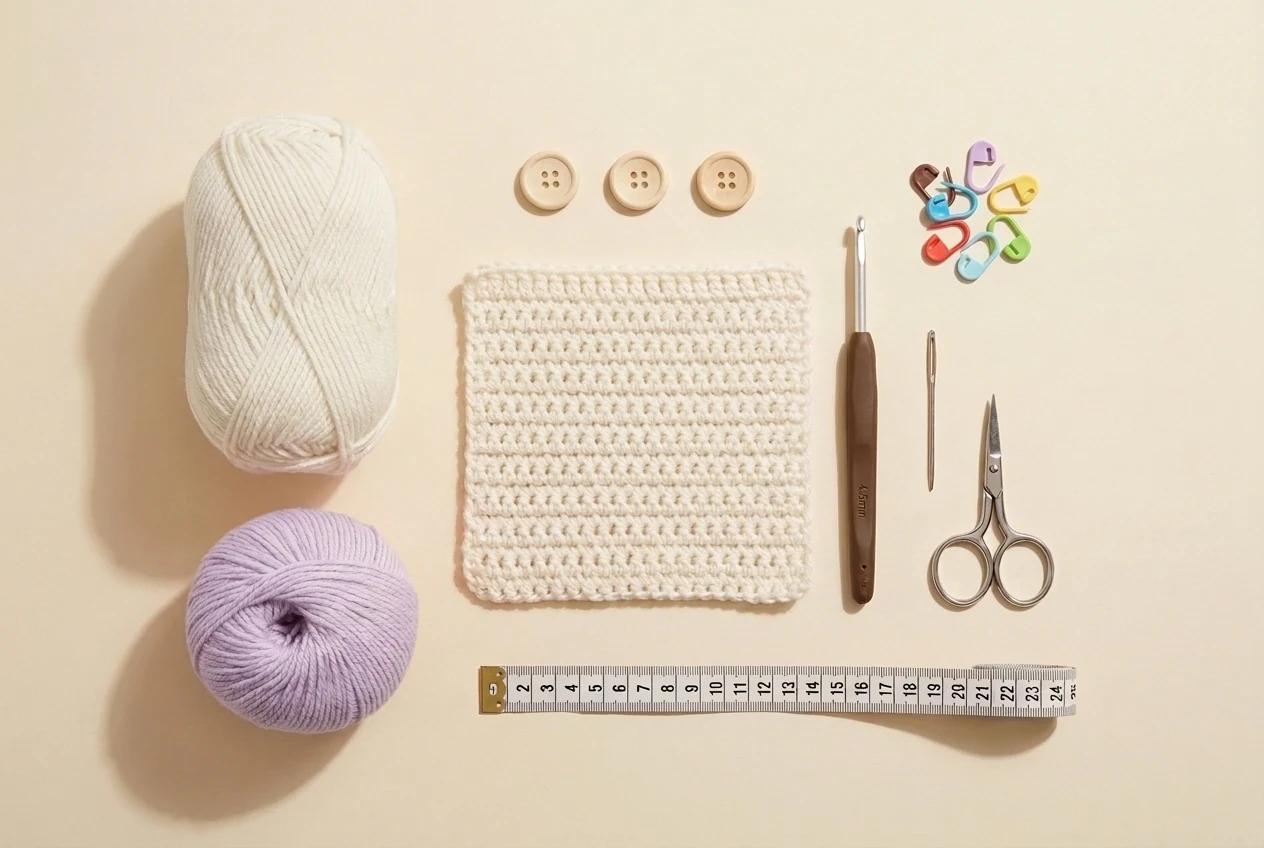 Clean materials flatlay for the crochet baby jacket pattern with yarn hook three buttons markers tools and gauge swatch