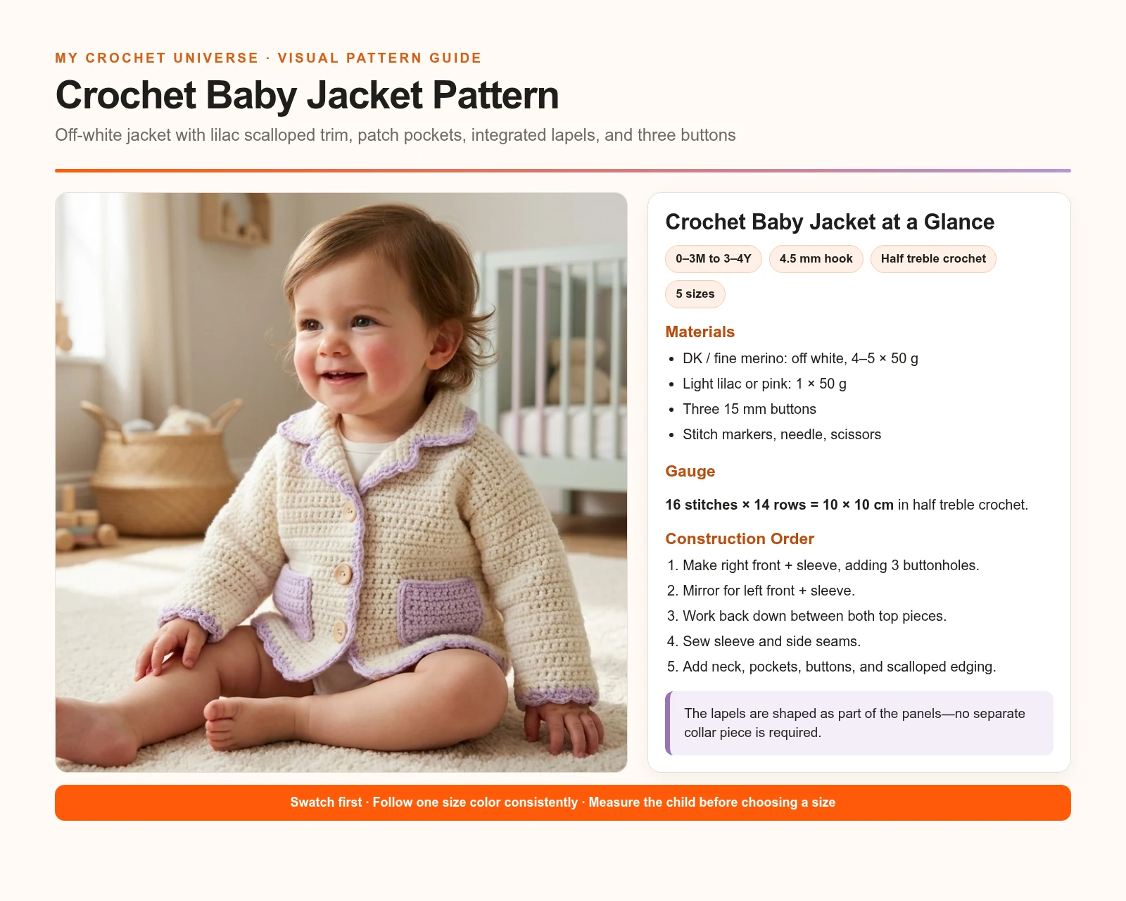 English overview infographic for the crochet baby jacket pattern with materials gauge sizes and construction order