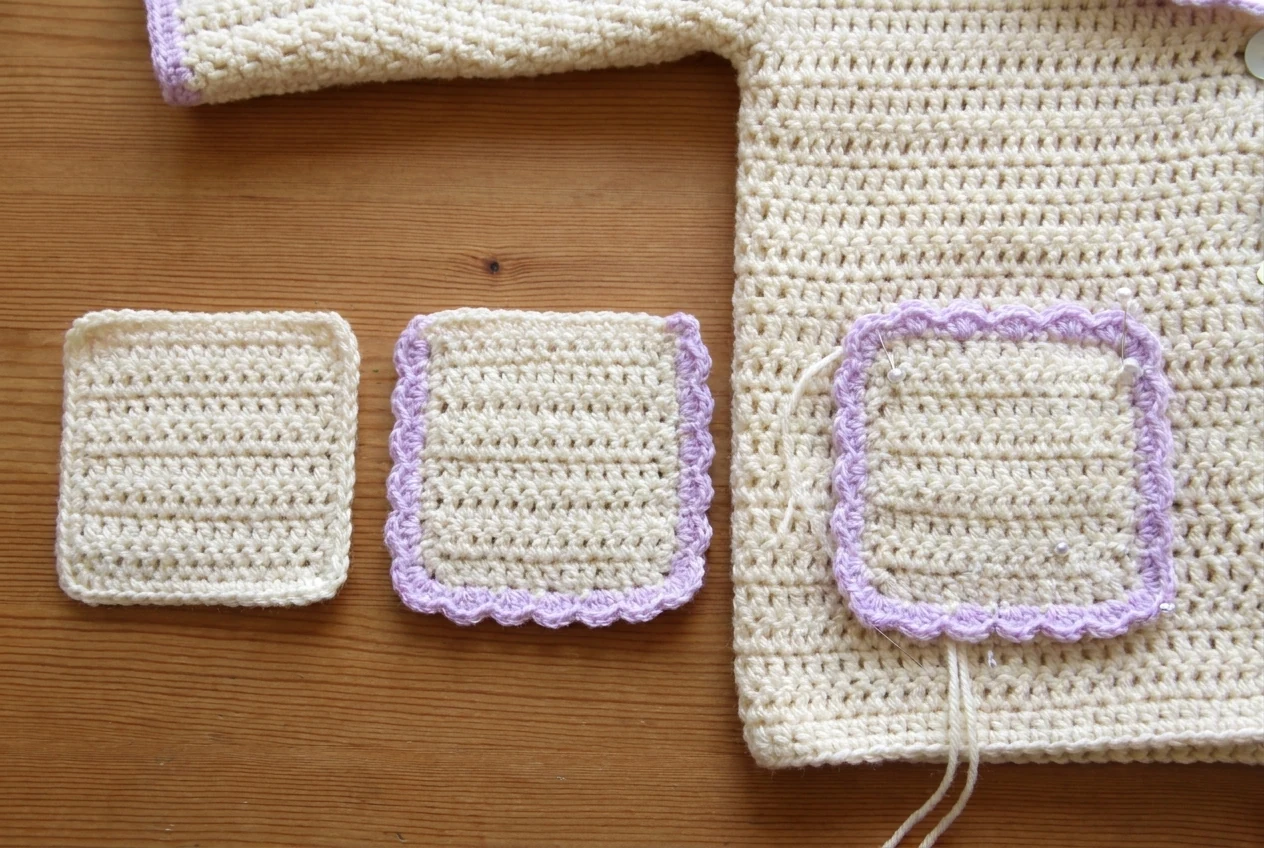 Pocket-making photo for the crochet baby jacket pattern showing plain edged and pinned patch pockets