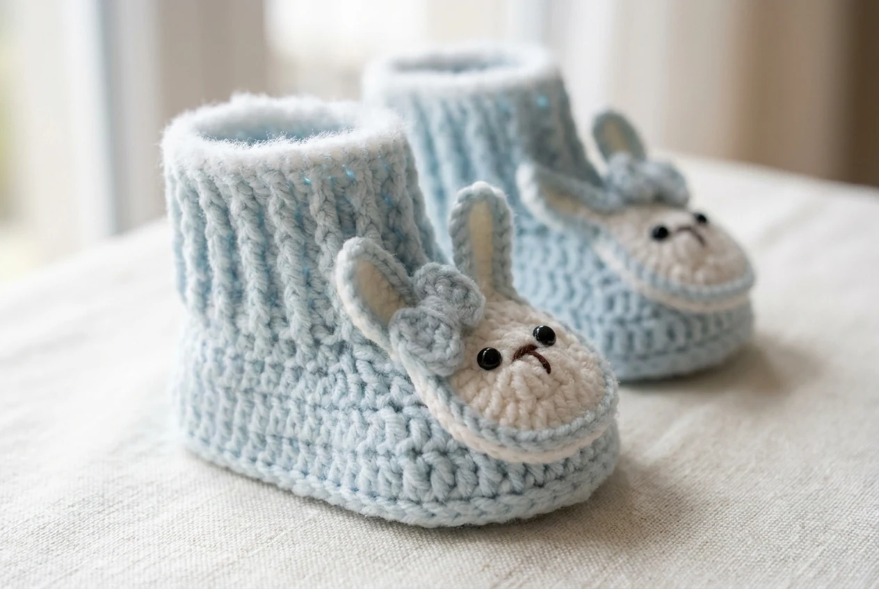 Detailed side view of the finished bunny bootie shape and applique placement