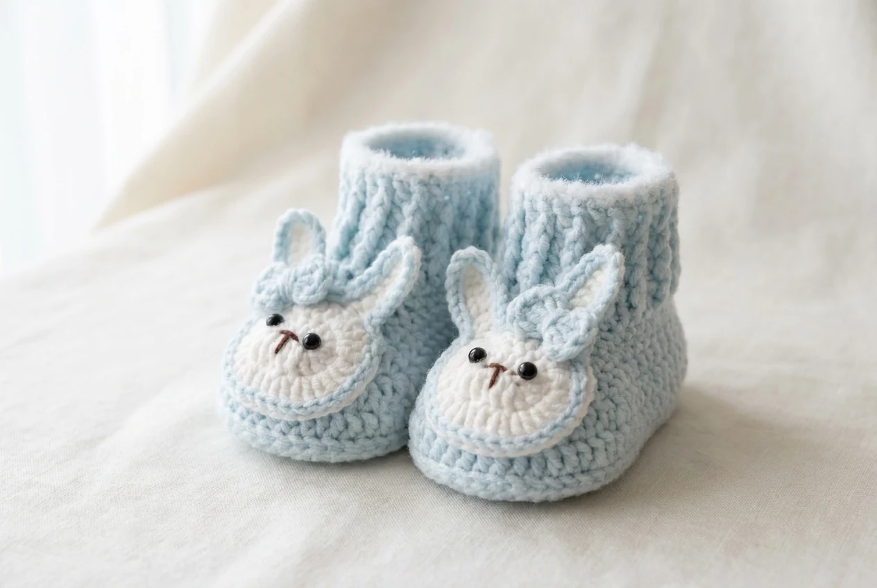 Finished pale blue bunny crochet baby booties