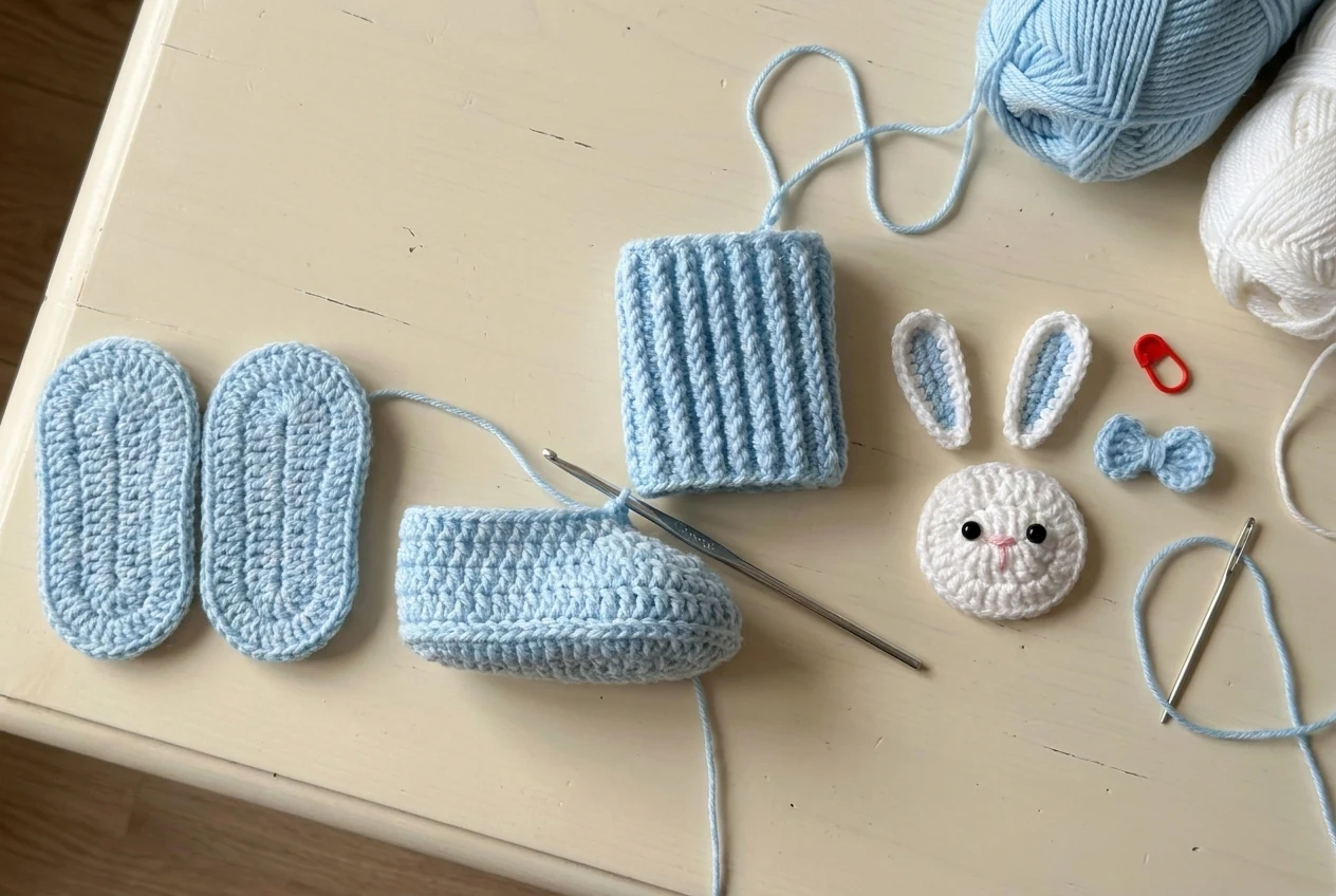 Soles, upper, ribbed cuff and bunny applique construction stages