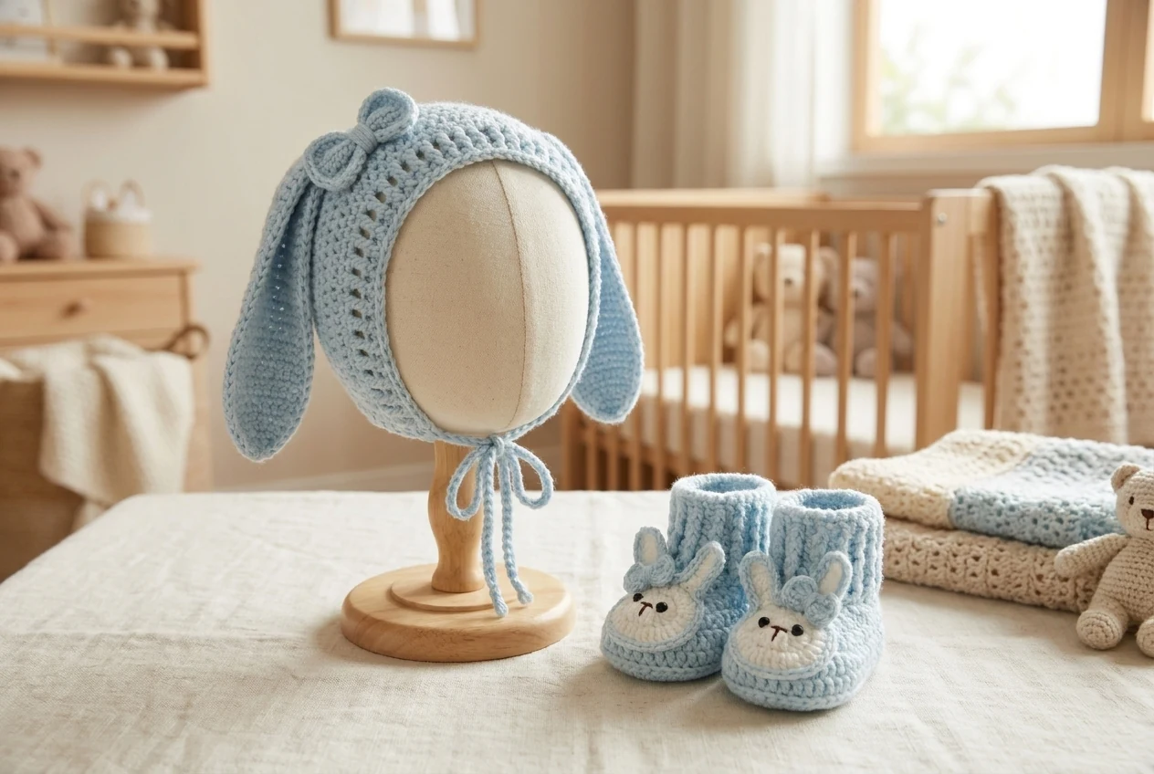 Finished bunny bonnet and booties in a nursery setting