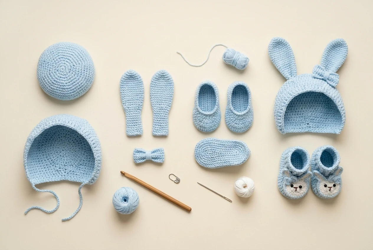 Construction stages for the matching bunny crochet set