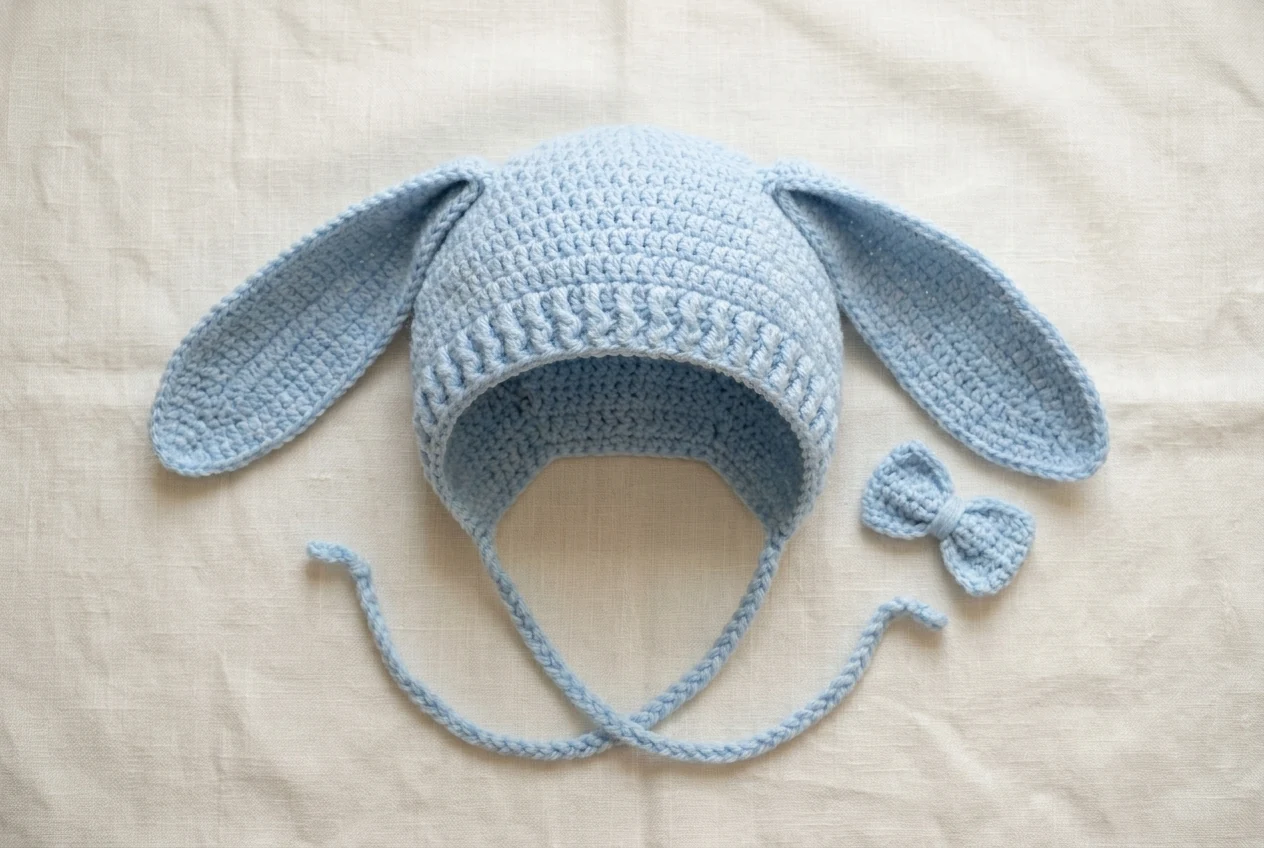 Finished bunny bonnet laid flat to show the open back, ears, bow and ties