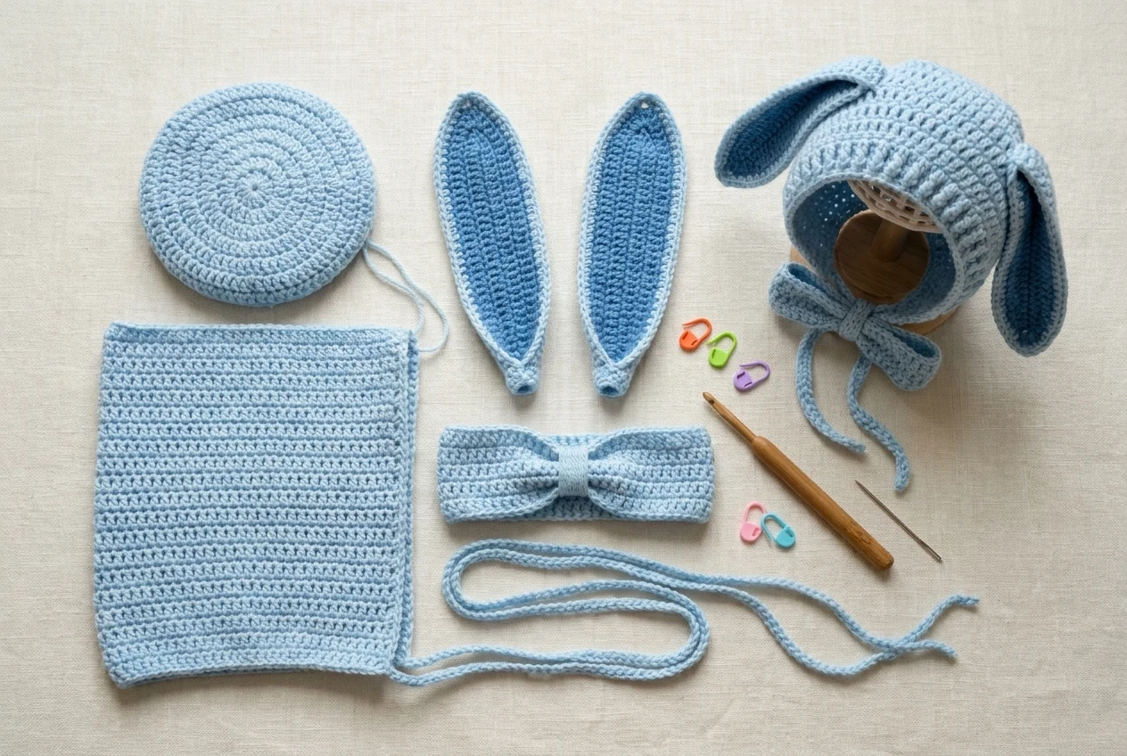 Bunny bonnet crown, open body, ears, bow and finished construction checkpoints
