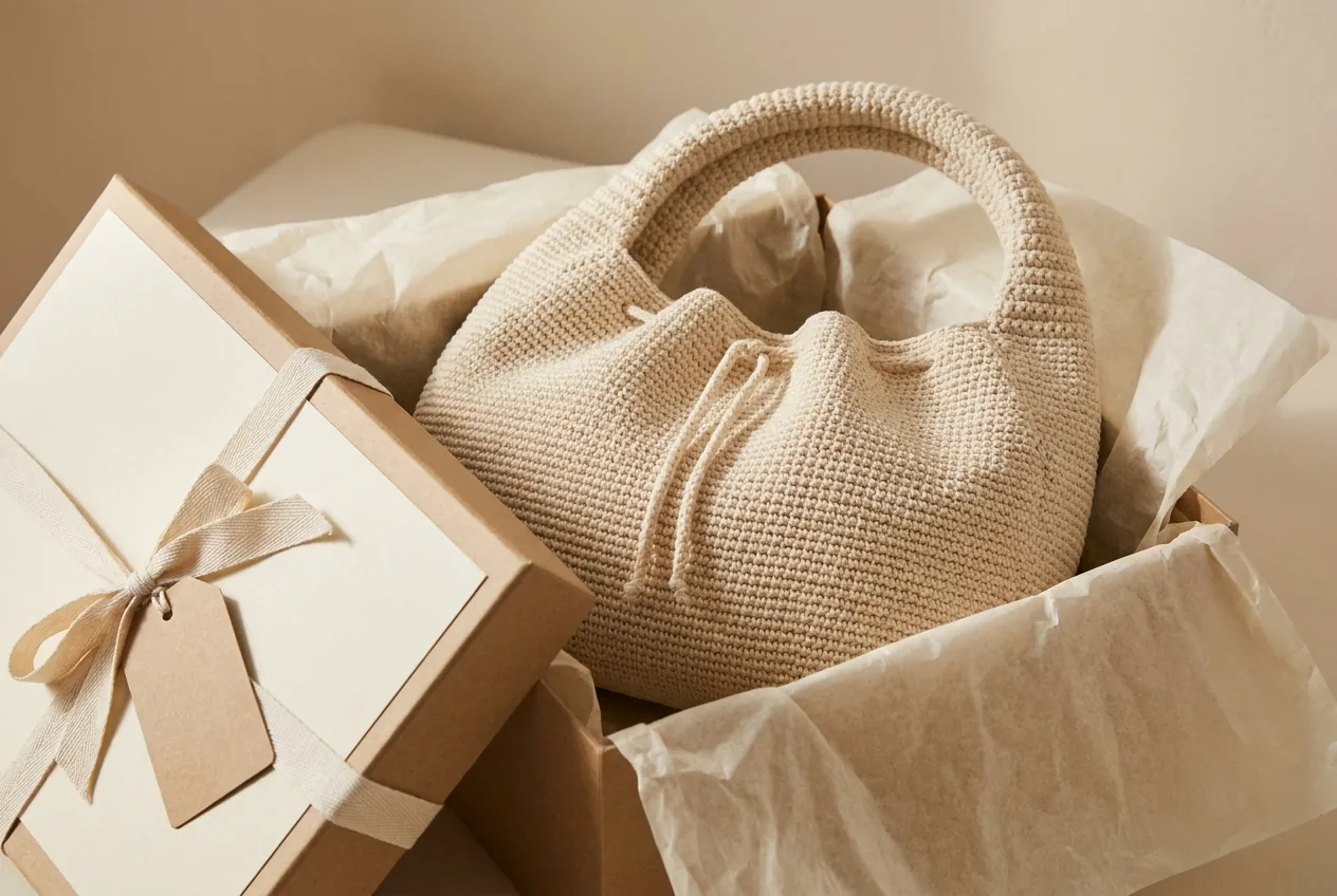 Cream crochet crescent handbag presented as a handmade gift