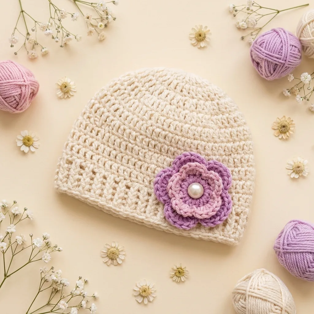 Cream crochet baby hat decorated with a pink and lavender crochet flower