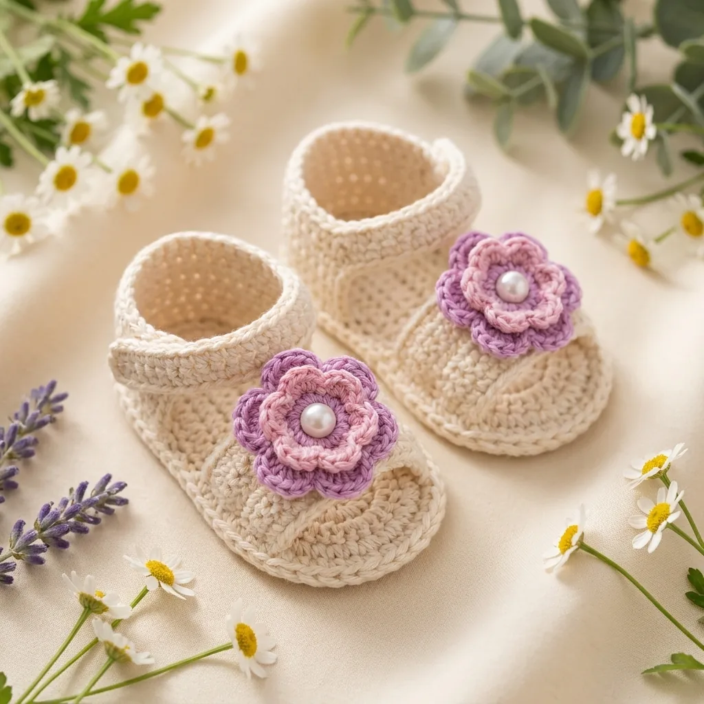 Cream crochet baby sandals decorated with matching pink and lavender mini flowers
