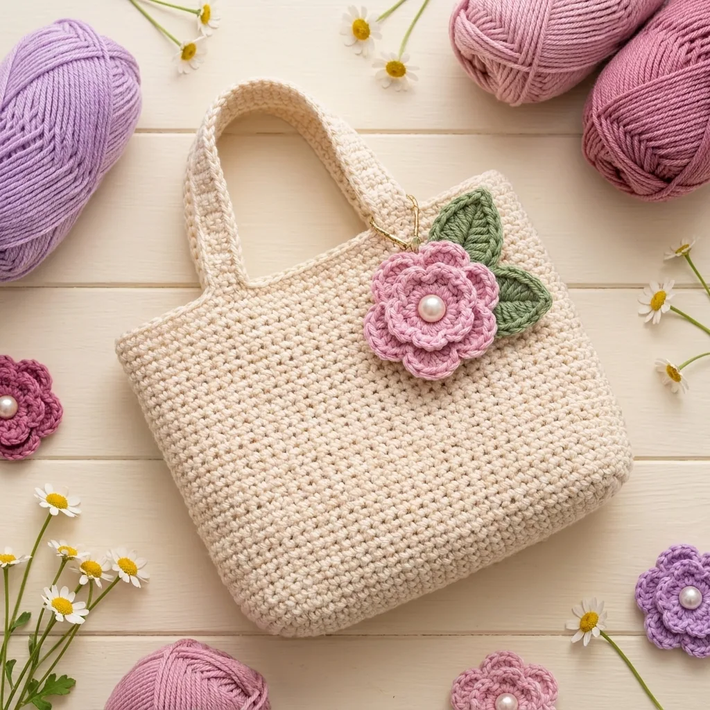 Pink crochet flower and green leaves used as a charm on a cream crochet bag