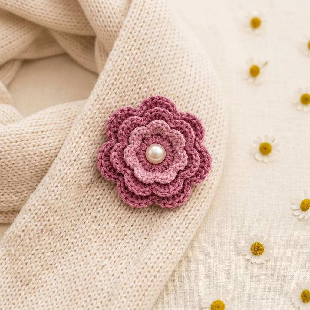 Dusty rose crochet flower brooch pinned to a cream knitted scarf