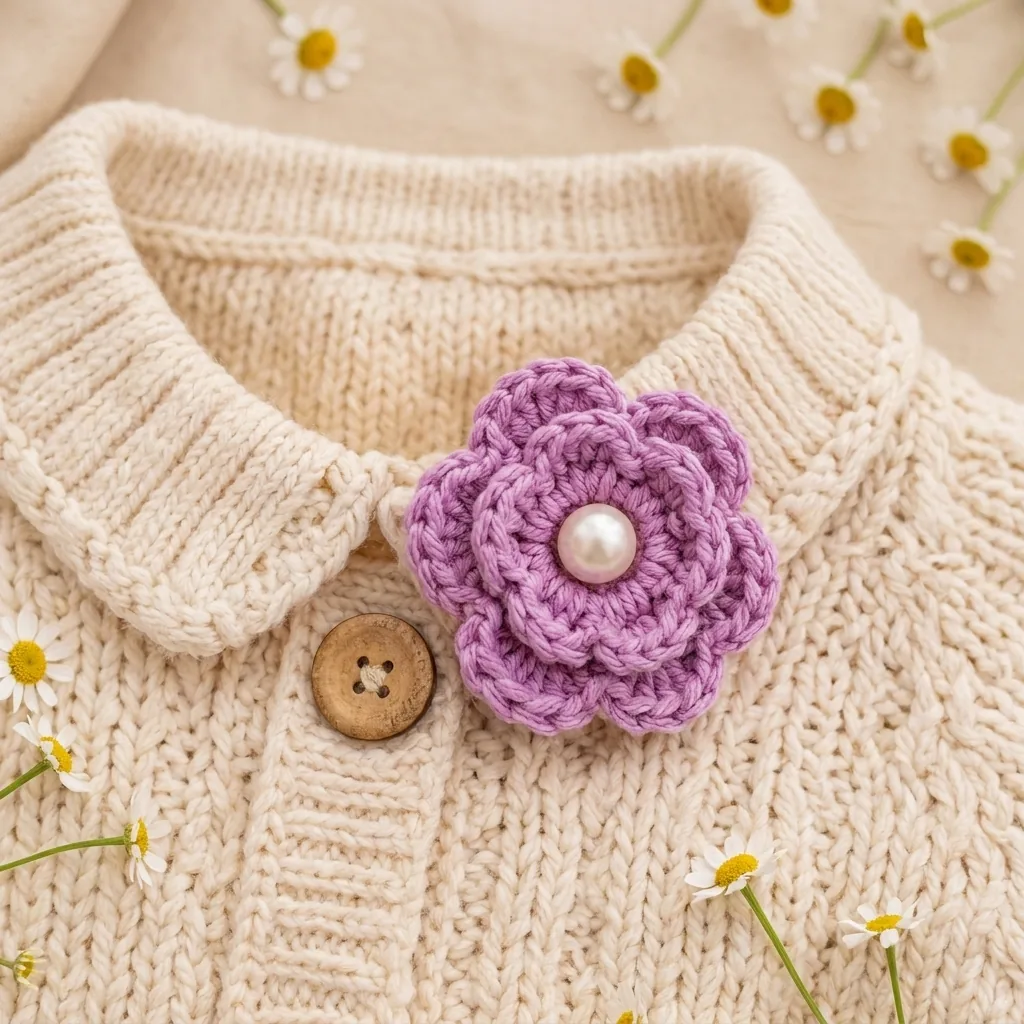 Lavender crochet flower with pearl center used as an accent on a cream cardigan