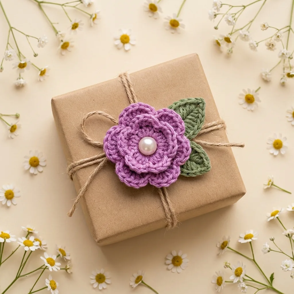 Purple crochet flower and green leaves decorating a kraft paper gift