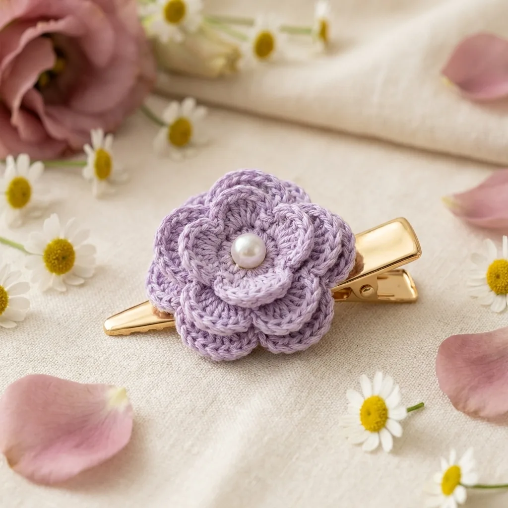 Layered lavender mini crochet flower with pearl center attached to a gold hair clip