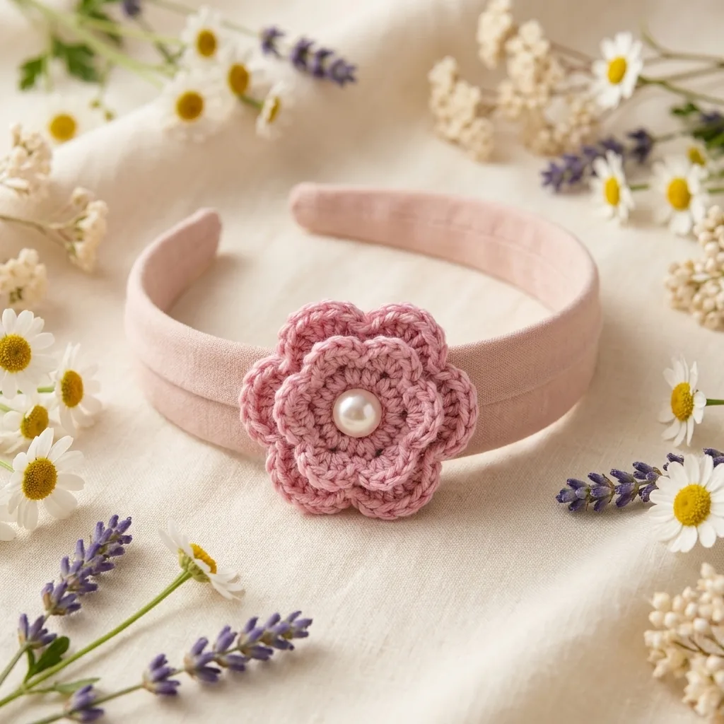 Pink mini crochet flower with pearl center attached to a blush fabric headband