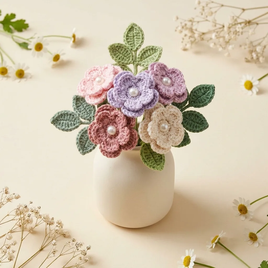 Pastel mini crochet flowers with pearl centers arranged in a cream vase